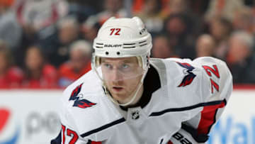 PHILADELPHIA, PA - MARCH 14: Travis Boyd #72 of the Washington Capitals looks on against the Philadelphia Flyers on March 14, 2019 at the Wells Fargo Center in Philadelphia, Pennsylvania. (Photo by Len Redkoles/NHLI via Getty Images)
