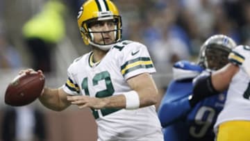 Dec 3, 2015; Detroit, MI, USA; Green Bay Packers quarterback Aaron Rodgers (12) looks to throw the ball during the second quarter against the Detroit Lions at Ford Field. Mandatory Credit: Raj Mehta-USA TODAY Sports
