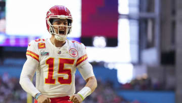 GLENDALE, AZ - FEBRUARY 12: Patrick Mahomes #15 of the Kansas City Chiefs yells against the Philadelphia Eagles after Super Bowl LVII at State Farm Stadium on February 12, 2023 in Glendale, Arizona. The Chiefs defeated the Eagles 38-35. (Photo by Cooper Neill/Getty Images)