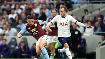 LONDON, ENGLAND - AUGUST 10: John McGinn of Aston Villa is challenged by Christian Eriksen of Tottenham Hotspur during the Premier League match between Tottenham Hotspur and Aston Villa at Tottenham Hotspur Stadium on August 10, 2019 in London, United Kingdom. (Photo by Marc Atkins/Getty Images)