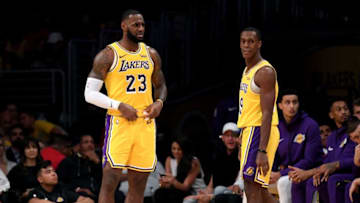 LOS ANGELES, CA - OCTOBER 20: LeBron James #23 and Rajon Rondo #9 of the Los Angeles Lakers react during a 124-115 loss to the Houston Rockets at Staples Center on October 20, 2018 in Los Angeles, California. (Photo by Harry How/Getty Images)