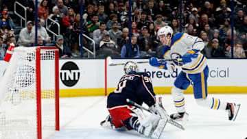 COLUMBUS, OH - DECEMBER 07: Tage Thompson #72 of the Buffalo Sabres beats Elvis Merzlikins #90 of the Columbus Blue Jackets for his first of four goals in the first period of the game at Nationwide Arena on December 7, 2022 in Columbus, Ohio. (Photo by Kirk Irwin/Getty Images)