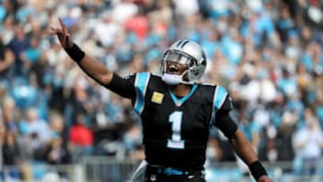 CHARLOTTE, NC - NOVEMBER 04: Cam Newton #1 of the Carolina Panthers celebrates a touchdown against the Tampa Bay Buccaneers in the first quarter during their game at Bank of America Stadium on November 4, 2018 in Charlotte, North Carolina. (Photo by Streeter Lecka/Getty Images)