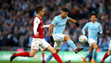 LONDON, ENGLAND - FEBRUARY 25: Sergio Aguero of Manchester City scores his sides first goal during the Carabao Cup Final between Arsenal and Manchester City at Wembley Stadium on February 25, 2018 in London, England. (Photo by Julian Finney/Getty Images)