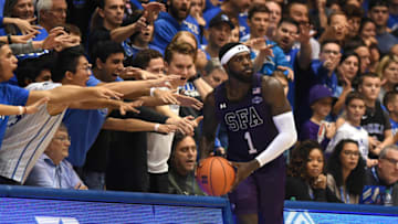 Nov 26, 2019; Durham, NC, USA; Stephen F. Austin Lumberjacks guard Kevon Harris (1) inbounds the ball during the second half against the Duke Blue Devils at Cameron Indoor Stadium. The Lumberjacks defeated Duke 85-83 in overtime. Mandatory Credit: Rob Kinnan-USA TODAY Sports