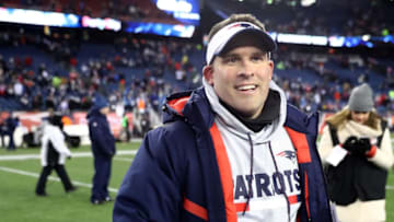 FOXBOROUGH, MA - JANUARY 13: Offensive Coordinator Josh McDaniels of the New England Patriots reacts after winning the AFC Divisional Playoff game against the Tennessee Titans at Gillette Stadium on January 13, 2018 in Foxborough, Massachusetts. (Photo by Elsa/Getty Images)
