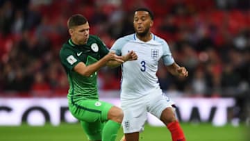 LONDON, ENGLAND - OCTOBER 05: Ryan Bertrand of England and Roman Bezjak of Slovenia battle for the ball during the FIFA 2018 World Cup Group F Qualifier between England and Slovenia at Wembley Stadium on October 5, 2017 in London, England. (Photo by Laurence Griffiths/Getty Images)