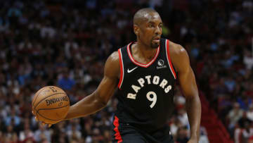 MIAMI, FLORIDA - JANUARY 02: Serge Ibaka #9 of the Toronto Raptors in action against the Miami Heat during the first half at American Airlines Arena on January 02, 2020 in Miami, Florida. NOTE TO USER: User expressly acknowledges and agrees that, by downloading and/or using this photograph, user is consenting to the terms and conditions of the Getty Images License Agreement. (Photo by Michael Reaves/Getty Images)