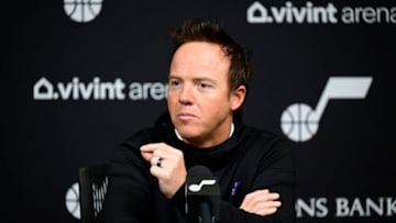 Feb 6, 2023; Salt Lake City, UT, USA; Utah Jazz owner Ryan Smith speaks about the NBA All-Star availability in Utah at Vivint Arena. Mandatory Credit: Christopher Creveling-USA TODAY Sports