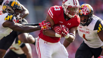 MADISON, WI - OCTOBER 21: Wisconsin Badger running back Jonathan Taylor (23) tries to get away from defenders durning an college football game between the Maryland Terrapins and the Wisconsin Badgers on October 21st, 2017, at Camp Randall Stadium in Madison, WI. Wisconsin defeats Maryland 38-18. (Photo by Dan Sanger/Icon Sportswire via Getty Images)
