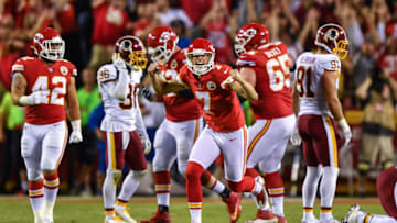 KANSAS CITY, MO - OCTOBER 2: Kicker Harrison Butker #7 of the Kansas City Chiefs turns and celebrates after kicking the go ahead field goal with eight seconds left during the game against the Washington Redskins at Arrowhead Stadium on October 2, 2017 in Kansas City, Missouri. (Photo by Peter Aiken/Getty Images)