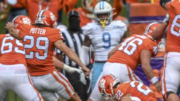 Clemson kicker B.T. Potter(29) kicks an extra point held by wide receiver Will Swinney(22) during the first quarter of the game Saturday, Sept. 19, 2020 at Memorial Stadium in Clemson, S.C.Clemson The Citadel Ncaa Football