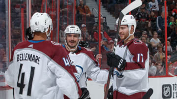 OTTAWA, ON - FEBRUARY 6: Matt Nieto #83 of the Colorado Avalanche celebrates his second period goal against the Ottawa Senators with teammates Pierre-Edouard Bellemare #41 and Tyson Jost #17 at Canadian Tire Centre on February 6, 2020 in Ottawa, Ontario, Canada. (Photo by Andre Ringuette/NHLI via Getty Images)