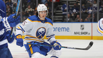 TORONTO, ON - APRIL 12: Owen Power #25 of the Buffalo Sabres skates in his 1st NHL game against the Toronto Maple Leafs at Scotiabank Arena on April 12, 2022 in Toronto, Ontario, Canada. The Sabres defeated the Maple Leafs 5-2. (Photo by Claus Andersen/Getty Images)