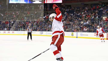 Mar 17, 2016; Columbus, OH, USA; Detroit Red Wings center Darren Helm (43) reacts to scoring a goal against the Columbus Blue Jackets in the third period at Nationwide Arena. The Red Wings won 3-1. Mandatory Credit: Aaron Doster-USA TODAY Sports