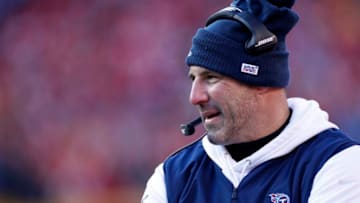KANSAS CITY, MO - JANUARY 19: Head coach Mike Vrabel of the Tennessee Titans looks on during the AFC Championship game against the Kansas City Chiefs at Arrowhead Stadium on January 19, 2020 in Kansas City, Missouri. The Chiefs defeated the Titans 35-24. (Photo by Joe Robbins/Getty Images)