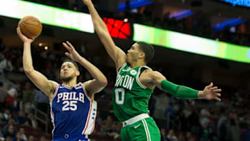 PHILADELPHIA, PA - OCTOBER 20: Ben Simmons #25 of the Philadelphia 76ers shoots the ball against Jayson Tatum #0 of the Boston Celtics at the Wells Fargo Center on October 20, 2017 in Philadelphia, Pennsylvania. NOTE TO USER: User expressly acknowledges and agrees that, by downloading and or using this photograph, User is consenting to the terms and conditions of the Getty Images License Agreement. (Photo by Mitchell Leff/Getty Images)