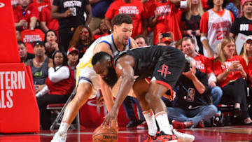 HOUSTON, TX - MAY 24: Klay Thompson #11 of the Golden State Warriors defends James Harden #13 of the Houston Rockets during Game Five of the Western Conference Finals of the 2018 NBA Playoffs on May 24, 2018 at the Toyota Center in Houston, Texas. NOTE TO USER: User expressly acknowledges and agrees that, by downloading and or using this photograph, User is consenting to the terms and conditions of the Getty Images License Agreement. Mandatory Copyright Notice: Copyright 2018 NBAE (Photo by Jesse D. Garrabrant/NBAE via Getty Images)