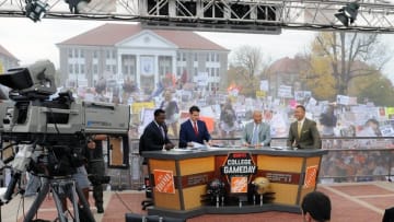 Oct 24, 2015; Harrisonburg, VA, USA; General view of ESPN Gameday set during the broadcast in the front of Wilson Hall on the campus of James Madison University prior to the homecoming game between Richmond and James Madison at Bridgeforth Stadium. Mandatory Credit: Brad Mills-USA TODAY Sports