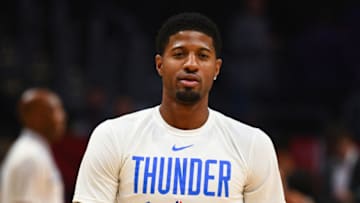 LOS ANGELES, CA - OCTOBER 19: Oklahoma City Thunder Forward Paul George (13) looks on during a NBA game between the Oklahoma City Thunder and the Los Angeles Clippers on October 19, 2018 at STAPLES Center in Los Angeles, CA.