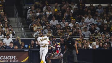 SAN DIEGO, CA - JULY 5: Fernando Tatis Jr #23 of the San Diego Padres hits a home run in the fourth inning against the Washington Nationals on July 5, 2021 at Petco Park in San Diego, California. (Photo by Matt Thomas/San Diego Padres/Getty Images)
