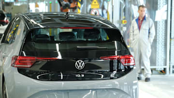 ZWICKAU, GERMANY - NOVEMBER 04: Volkswagen ID.3 electric cars stand on the assembly line at the Volkswagen factory on November 04, 2019 in Zwickau, Germany. Volkswagen launched assembly of the car at the Zwickau plant today. A spokesman said the numbers of vehicles finished per day will gradually be ramped up, from a current 6 to over 50 by the end of the year, and then much higher numbers in 2020. (Photo by Sean Gallup/Getty Images)