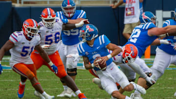 Sep 26, 2020; Oxford, Mississippi, USA; Mississippi Rebels quarterback Matt Corral (2) scrambles out of the pocket against the Florida Gators during the second half at Vaught-Hemingway Stadium. Mandatory Credit: Justin Ford-USA TODAY Sports