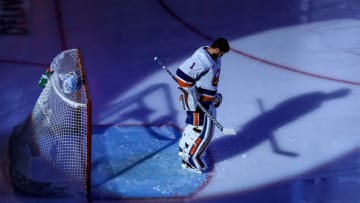 Thomas Greiss #1 of the New York Islanders takes the ice prior to Game Seven of the Eastern Conference Second Round. (Photo by Elsa/Getty Images)