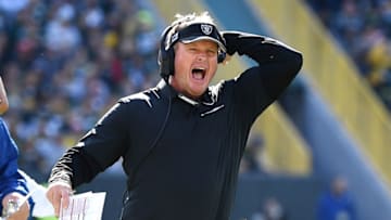 GREEN BAY, WISCONSIN - OCTOBER 20: Head coach Jon Gruden of the Oakland Raiders reacts during the first half against the Green Bay Packers in the game at Lambeau Field on October 20, 2019 in Green Bay, Wisconsin. (Photo by Stacy Revere/Getty Images)