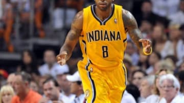 May 24, 2014; Miami, FL, USA; Indiana Pacers guard Rasual Butler (8) reacts against the Miami Heat in game three of the Eastern Conference Finals of the 2014 NBA Playoffs at American Airlines Arena. Mandatory Credit: Steve Mitchell-USA TODAY Sports