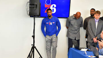 PHILADELPHIA. PA - SEPTEMBER 20: Wilson Chandler #21 of the Philadelphia 76ers looks on during a press conference to introduce Elton Brand as the new General Manager at the Wells Fargo Center in Philadelphia, Pennsylvania on September 20, 2018. NOTE TO USER: User expressly acknowledges and agrees that, by downloading and/or using this photograph, user is consenting to the terms and conditions of the Getty Images License Agreement. Mandatory Copyright Notice: Copyright 2018 NBAE (Photo by Jesse D. Garrabrant/NBAE via Getty Images)