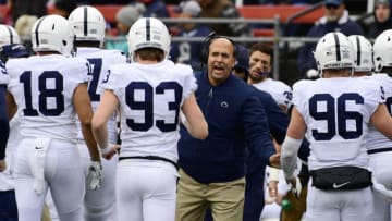 PISCATAWAY, NJ - NOVEMBER 17: Head coach James Franklin of the Penn State Nittany Lions congratulates his team against the Rutgers Scarlet Knights during the first quarter at HighPoint.com Stadium on November 17, 2018 in Piscataway, New Jersey. (Photo by Corey Perrine/Getty Images)