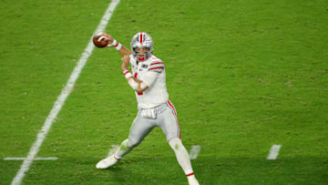 MIAMI GARDENS, FL - JANUARY 11: Justin Fields #1 of the Ohio State Buckeyes drops back to pass against the Alabama Crimson Tide during the College Football Playoff National Championship held at Hard Rock Stadium on January 11, 2021 in Miami Gardens, Florida. (Photo by Jamie Schwaberow/Getty Images)