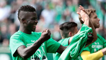 BREMEN, GERMANY - MAY 14: Papy Djilobodji of Bremen celebrates after the Bundesliga match SV Werder Bremen and Eintracht Frankfurt at Weserstadion on May 14, 2016 in Bremen, Germany. (Photo by Oliver Hardt/Bongarts/Getty Images)
