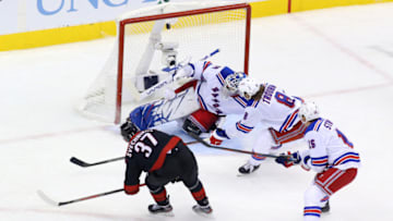 Andrei Svechnikov #37 of the Carolina Hurricanes scores a hat-trick goal against the New York Rangers in Game TwoPhoto by Andre Ringuette/Freestyle Photo/Getty Images)