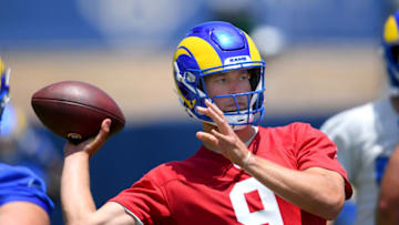 Jun 8, 2021; Thousand Oaks, CA, USA; Los Angeles Rams quarterback Matthew Stafford (9) runs through drills during mini camp held at the team practice facility at Cal State Lutheran. Mandatory Credit: Jayne Kamin-Oncea-USA TODAY Sports