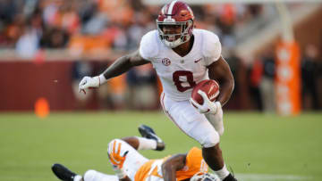 KNOXVILLE, TN - OCTOBER 20: Josh Jacobs #8 of the Alabama Crimson Tide runs for yards during the game between the Alabama Crimson Tide and the Tennessee Volunteers at Neyland Stadium on October 20, 2018 in Knoxville, Tennessee. Alabama won 58-21. (Photo by Donald Page/Getty Images)