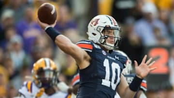 Auburn quarterback Bo Nix (10) throws the ball at Tiger Stadium in Baton Rouge, La., on Saturday, Oct. 26, 2019. LSU defeated Auburn football 23-20.