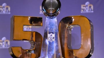 Feb 8, 2016; San Francisco, CA, USA; General view of Super Bowl 50 Lombardi Trophy during press conference at the Moscone Center. Mandatory Credit: Kirby Lee-USA TODAY Sports