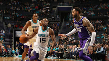 CHARLOTTE, NC - JANUARY 22: Kemba Walker #15 of the Charlotte Hornets handles the ball during the game against the Sacramento Kings on January 22, 2018 at Spectrum Center in Charlotte, North Carolina. NOTE TO USER: User expressly acknowledges and agrees that, by downloading and or using this photograph, User is consenting to the terms and conditions of the Getty Images License Agreement. Mandatory Copyright Notice: Copyright 2018 NBAE (Photo by Brock Williams-Smith/NBAE via Getty Images)
