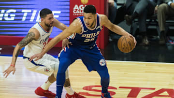 LOS ANGELES, CA - NOVEMBER 13: Philadelphia 76ers guard Ben Simmons (25) dribbles the ball during the NBA regular season game against the Los Angeles Clippers on Monday, Nov. 13, 2017 at the Staples Center in Los Angeles, Calif. (Photo by Ric Tapia/Icon Sportswire via Getty Images)