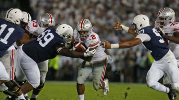 STATE COLLEGE, PA - SEPTEMBER 29: J.K. Dobbins #2 of the Ohio State Buckeyes rushes against C.J. Thorpe #69 of the Penn State Nittany Lions on September 29, 2018 at Beaver Stadium in State College, Pennsylvania. (Photo by Justin K. Aller/Getty Images)