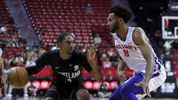 Keon Johnson #6 of the Portland Trail Blazers is guarded by Braxton Key #8 of the Detroit Pistons. (Photo by Ethan Miller/Getty Images)