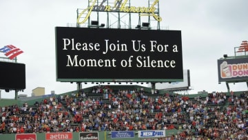 Jul 8, 2016; Boston, MA, USA; A message is displayed on the center field jumbotron in honor of the recent tragedy in Dallas, TX prior to a game between the Boston Red Sox and the Tampa Bay Rays at Fenway Park. Mandatory Credit: Bob DeChiara-USA TODAY Sports