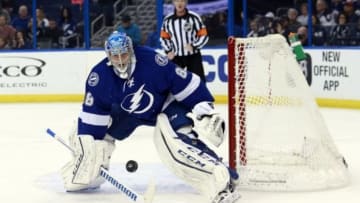 Feb 18, 2016; Tampa, FL, USA; Tampa Bay Lightning goalie Andrei Vasilevskiy (88) makes a save against the Winnipeg Jets during the first period at Amalie Arena. Mandatory Credit: Kim Klement-USA TODAY Sports