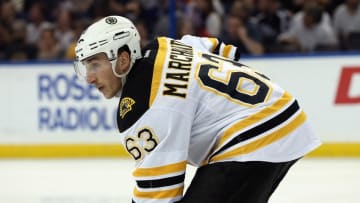 Mar 8, 2016; Tampa, FL, USA; Boston Bruins left wing Brad Marchand (63) during the second period at Amalie Arena. Mandatory Credit: Kim Klement-USA TODAY Sports