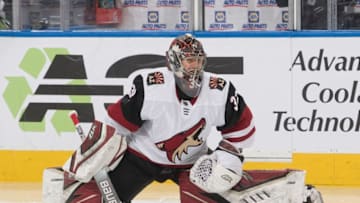 EDMONTON, AB - JANUARY 18: Goaltender Antti Raanta #32 of the Arizona Coyotes skates against the Edmonton Oilers on January 18, 2020, at Rogers Place in Edmonton, Alberta, Canada. (Photo by Andy Devlin/NHLI via Getty Images)
