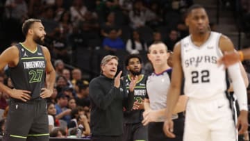 SAN ANTONIO, TX - OCTOBER 30: Head coach of the Minnesota Timberwolves Chris Finch applauds his team against the San Antonio Spurs in the first half at AT&T Center on October 30, 2022 in San Antonio, Texas. NOTE TO USER: User expressly acknowledges and agrees that, by downloading and or using this photograph, User is consenting to terms and conditions of the Getty Images License Agreement. (Photo by Ronald Cortes/Getty Images)