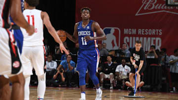 LAS VEGAS, NV - JULY 7: Frank Ntilikina #11 of the New York Knicks handles the ball against the Atlanta Hawks during the 2018 Las Vegas Summer League on July 7, 2018 at the Thomas & Mack Center in Las Vegas, Nevada. Copyright 2018 NBAE (Photo by Garrett Ellwood/NBAE via Getty Images)