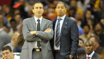 Nov 4, 2015; Cleveland, OH, USA; Cleveland Cavaliers head coach David Blatt, left, talks with assistant Tyronn Lue during a game against the New York Knicks at Quicken Loans Arena. Cleveland won 96-86. Mandatory Credit: David Richard-USA TODAY Sports
